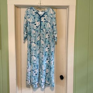 National L/S Palm Print Tiered w Pockets Maxi Dress Teal White S